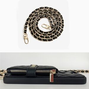Black Quilted Crossbody Phone Wallet with Gold Chain Strap